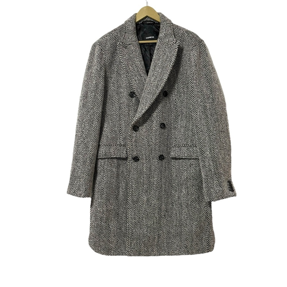 Express Black White Wool Blend Trench Coat Size Large Business Outdoor City Fall
